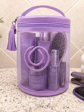 MONAT Hair Products & Tools Travel Bag Purple See-Through Top Zip Case Tassels